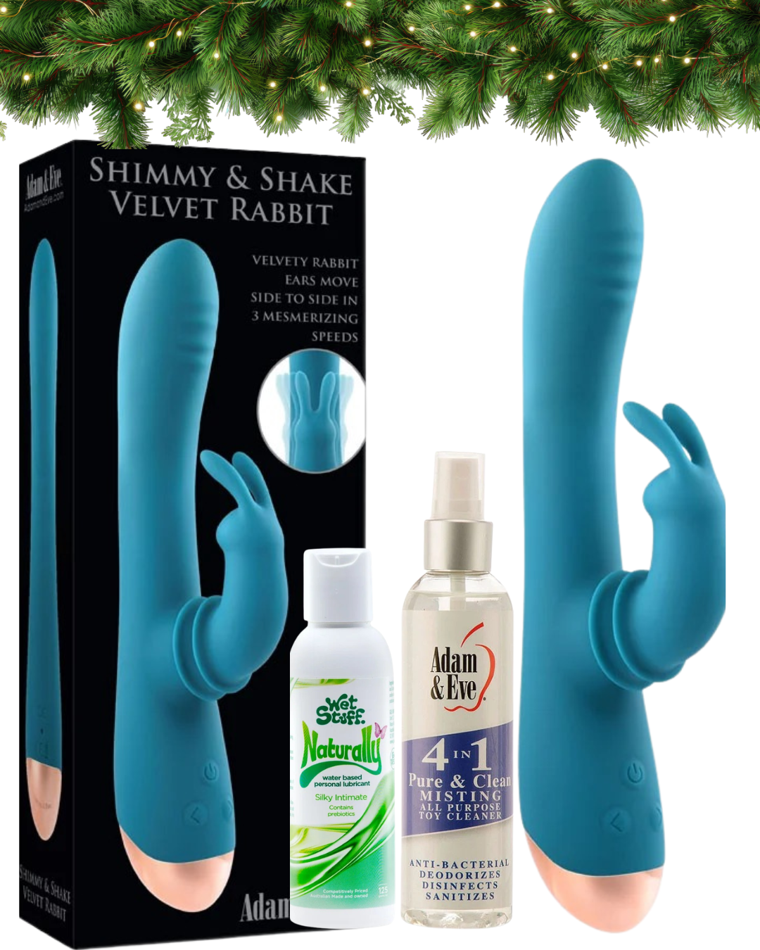 Adam & Eve SHIMMY & SHAKE VELVET RABBIT Vibrator Toy Cleaner & Water Base Lub