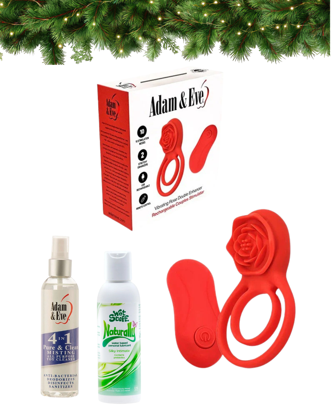Adam & Eve VIBRATING ROSE DOUBLE ENHANCER - USB Rechargeable Cock & Balls Ring with Remote bundle