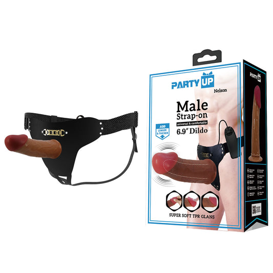 Party Up NELSON Vibrating Strap-On - Brown 17.5 cm Vibrating Hollow Strap-On