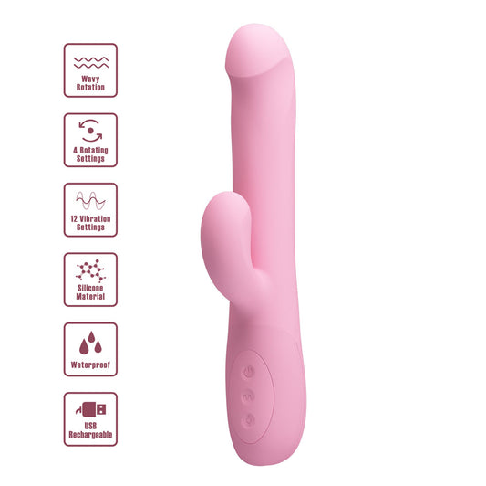 Party Up DEAN Wavy Rotation Vibe - Pink - Pink 23.8 cm USB Rechargeable Rotating Rabbit Vibrator