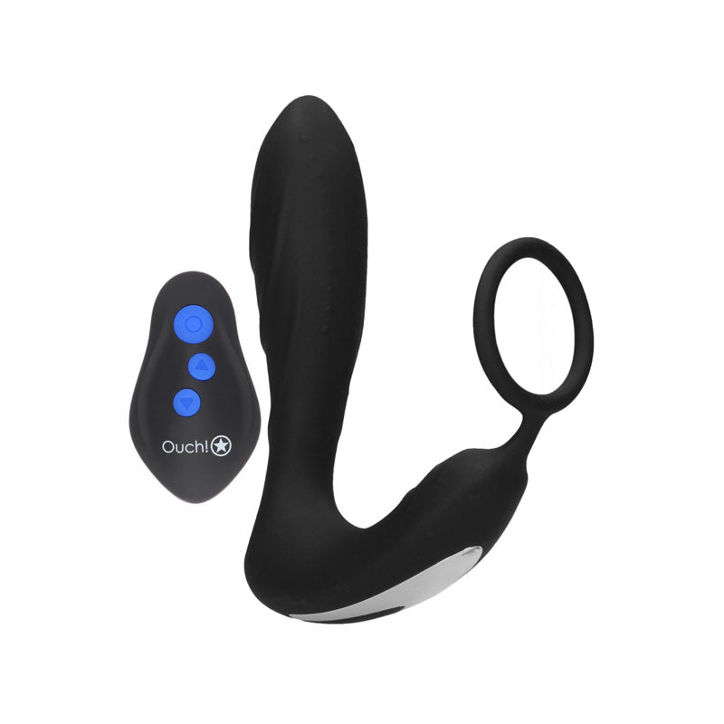 OUCH! E-stim & Vibrating Butt Plug Cock Ring - Black USB Rechargeable Vibrating Butt Plug & Cock Ring with e-Stim