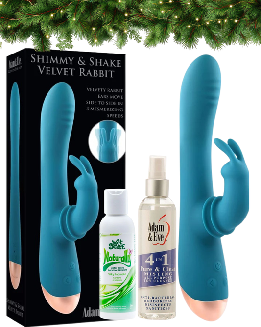 Adam & Eve SHIMMY & SHAKE VELVET RABBIT Vibrator Toy Cleaner & Water Base Lub