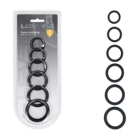 LEVELZ Classic Silicone Cock Ring Set of 6 - Black Cock Rings - Set of 6 Sizes