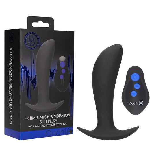 OUCH! e-Stim & Vibrating Butt Plug with Wireless Remote - Black 12.3 cm USB Rechargeable Vibrating Butt Plug with e-Stim