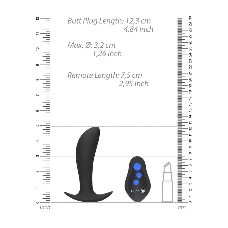 OUCH! e-Stim & Vibrating Butt Plug with Wireless Remote - Black 12.3 cm USB Rechargeable Vibrating Butt Plug with e-Stim