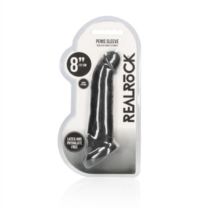 REALROCK 8'' Realistic Penis Extender with Rings - Black - Black 20.3 cm Penis Extension Sleeve