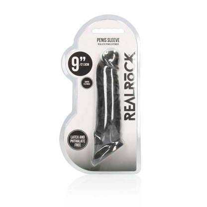 REALROCK 9'' Realistic Penis Extender with Rings - Black - Black 22.9 cm Penis Extension Sleeve